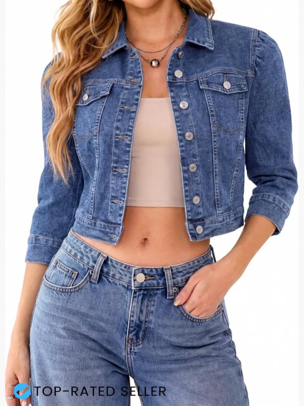 Crop Denim Jacket 3/4 Sleeve Button Down Short Jean Jacket Women Y2K Chic Slim